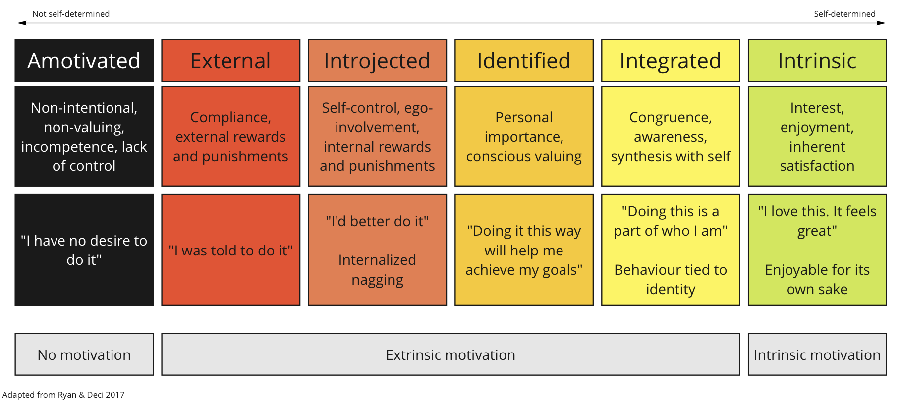 Motivation as defined by Self-Determination Theory, with Amotivated on the far left and Intrinsic on the far right.